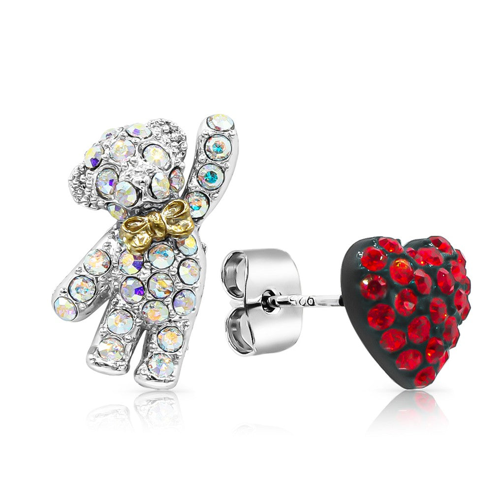 SO SEOUL 'Pretty Teddy' Bear and Red Heart Mismatched Austrian Crystal Stud Earrings