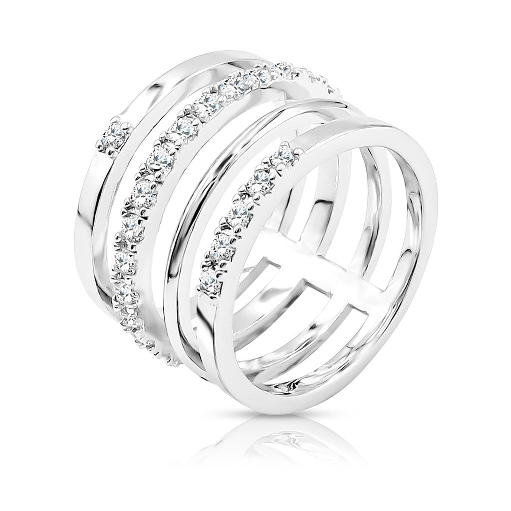 SO SEOUL Bianca Quadruple-Band Silver Ring with Diamante Diamond Simulant Cubic Zirconia Accents