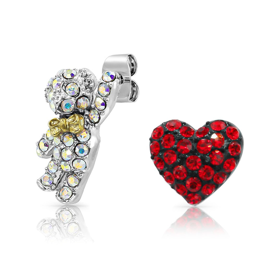 SO SEOUL 'Pretty Teddy' Bear and Red Heart Mismatched Austrian Crystal Stud Earrings