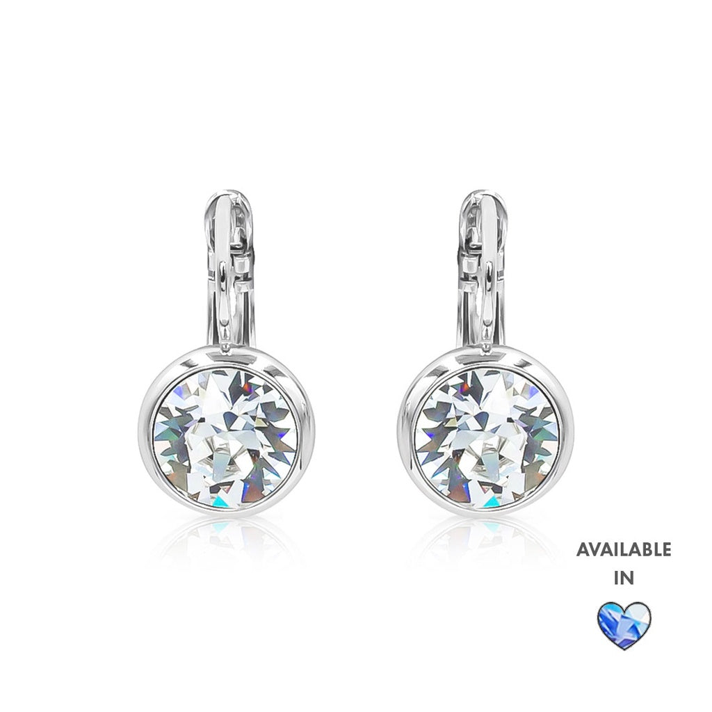 SO SEOUL Bella Classic Lever-Back Earrings with Round Swarovski® Crystal in White or Light Sapphire Shimmer