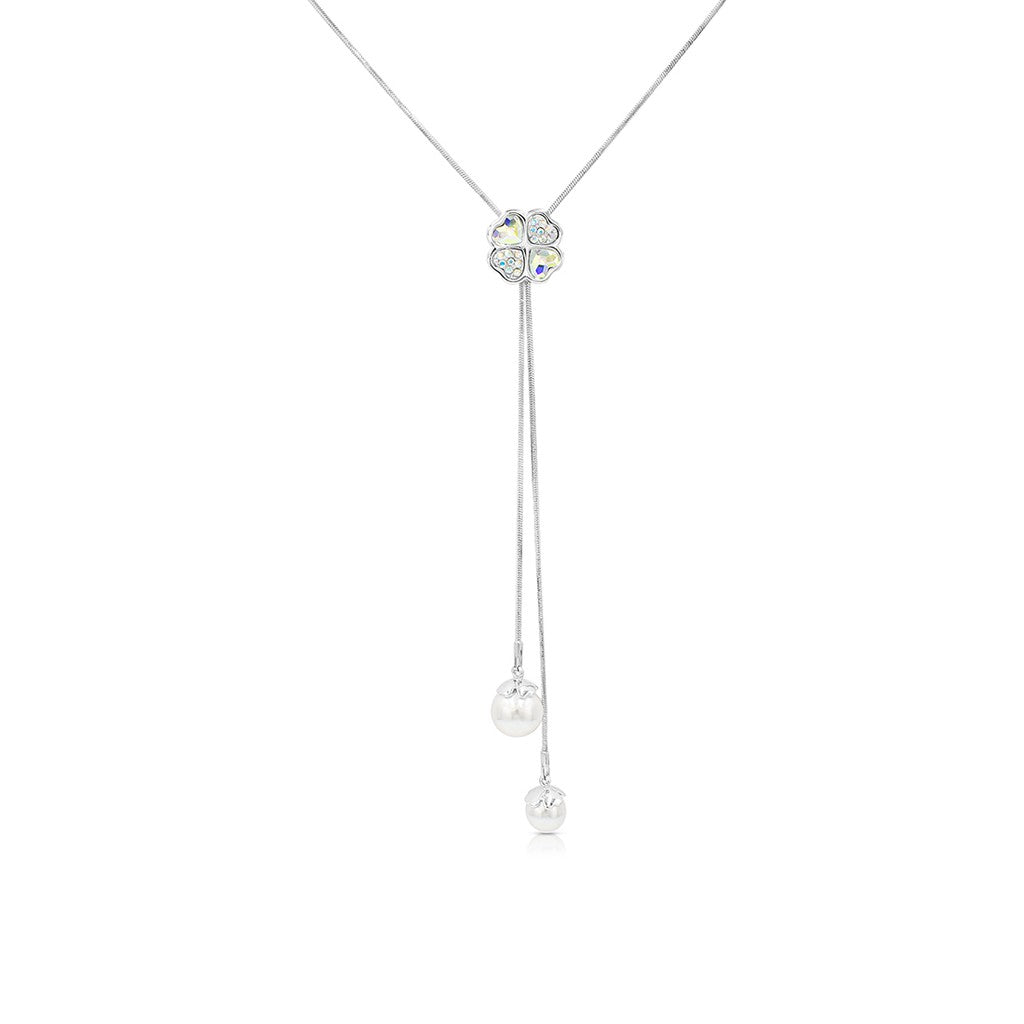 SO SEOUL Alette Clover Lariat Aurore Boreale or Antique Pink Swarovski® Crystal Heart Pearl Pendant Necklace