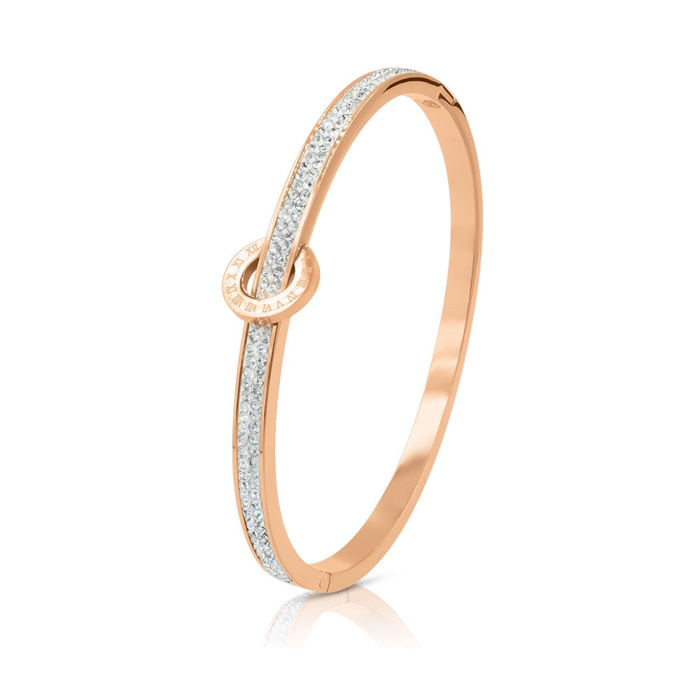 SO SEOUL 'Olivia Orbit' Rose Gold Bangle with Double Row White Austrian Crystals and Circle Detail