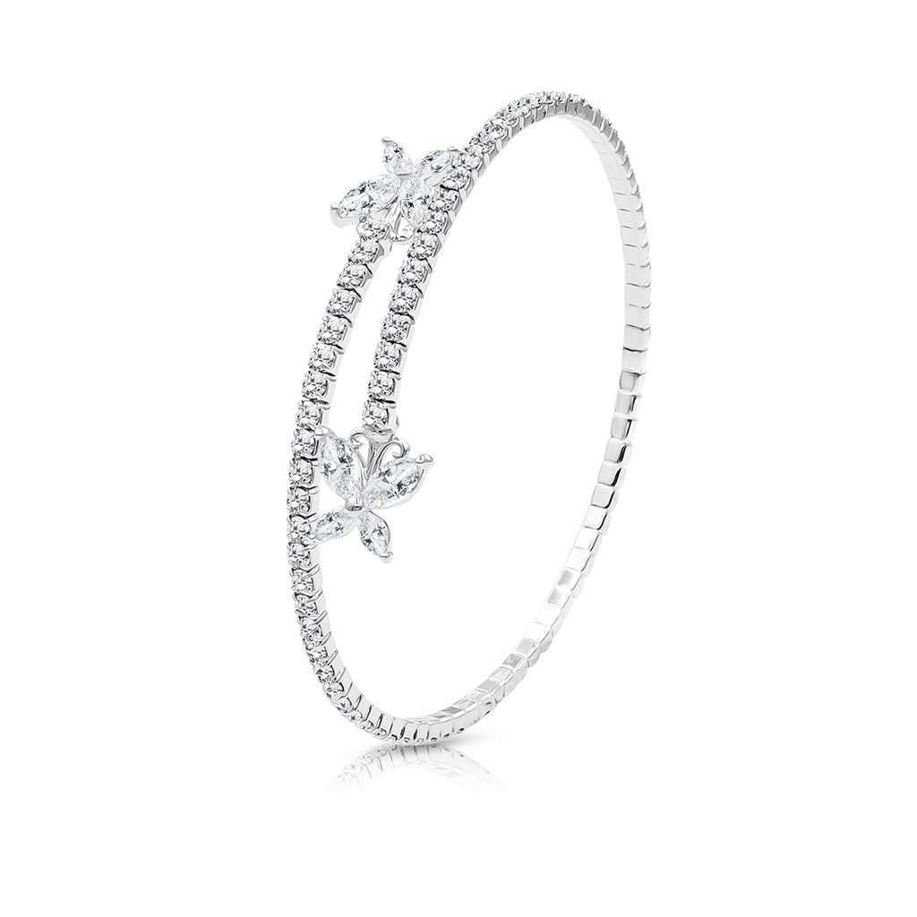 SO SEOUL Caria Twin Butterfly Adjustable Bangle with Diamond Simulant Cubic Zirconia in Spiral Spring Design