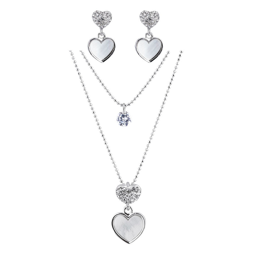 SO SEOUL Claire Heart-Shaped Mother of Pearl and Austrian Crystal Earrings and Necklace Set