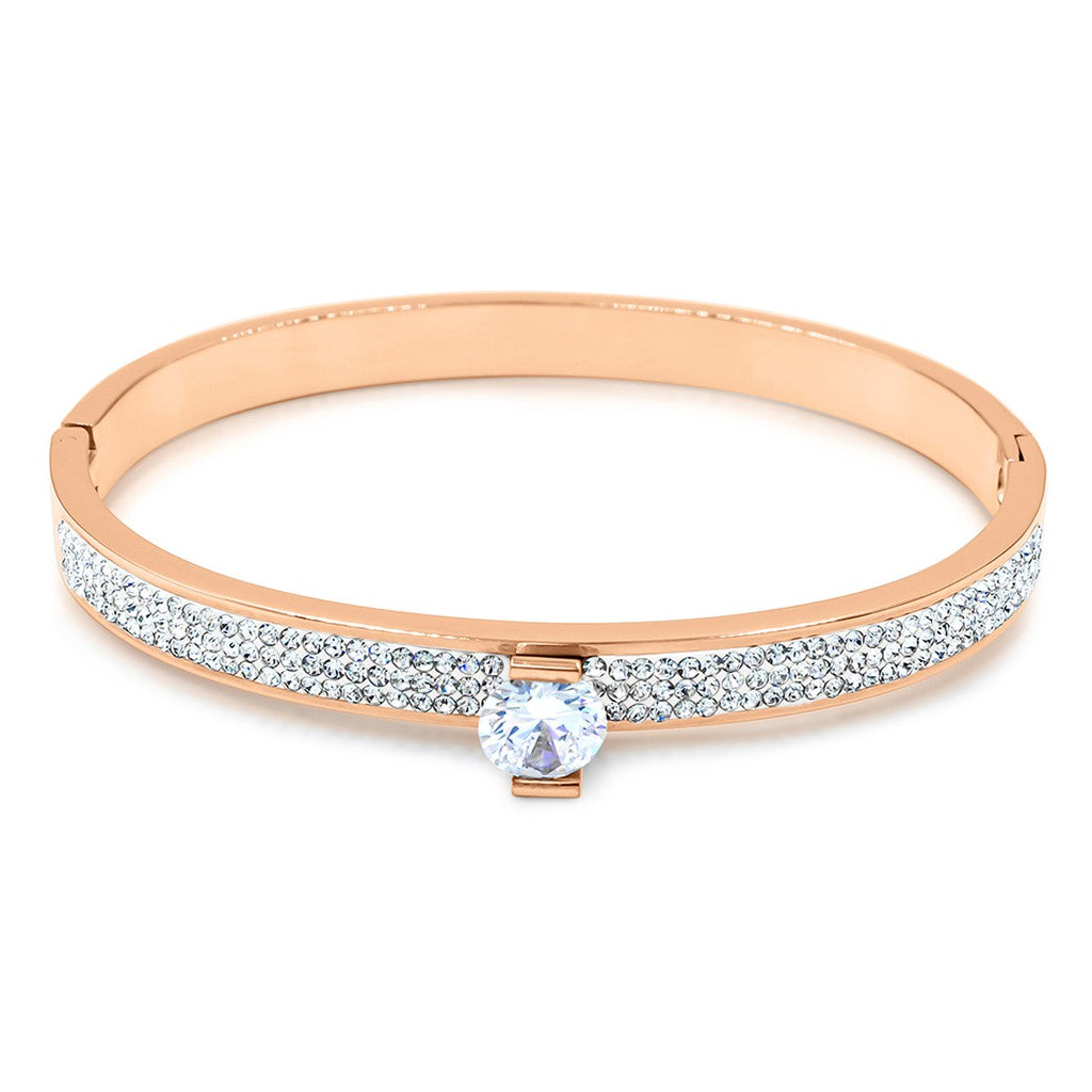 SO SEOUL Chentel Elegance Rose Gold Bangle with Dual Row White Austrian Crystals and Solitaire Diamond Simulant