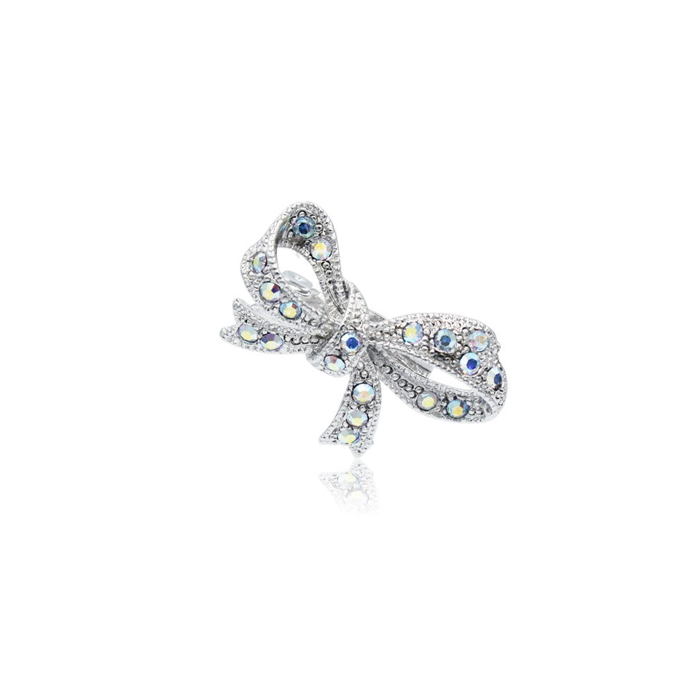 SO SEOUL Elegant Ribbon Bow Brooch with Aurore Boreale Austrian Crystals - Versatile Dainty Baby Pin for Hijabs and Kerongsang