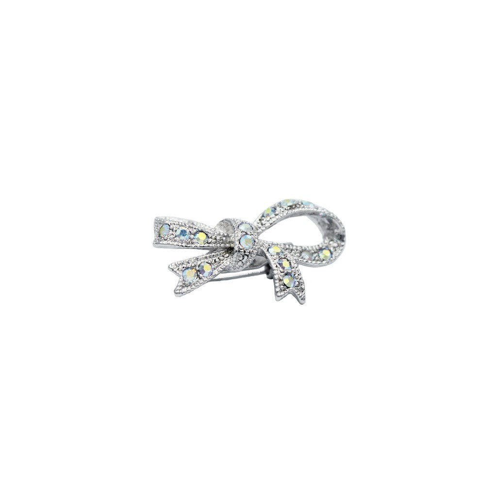 SO SEOUL Elegant Ribbon Bow Brooch with Aurore Boreale Austrian Crystals - Versatile Dainty Baby Pin for Hijabs and Kerongsang