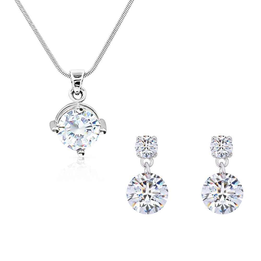 SO SEOUL Athena 2.0 CARAT Round Brilliant-Cut Diamond Simulant Zirconia Solitaire Pendant and Drop Earrings Jewelry Set