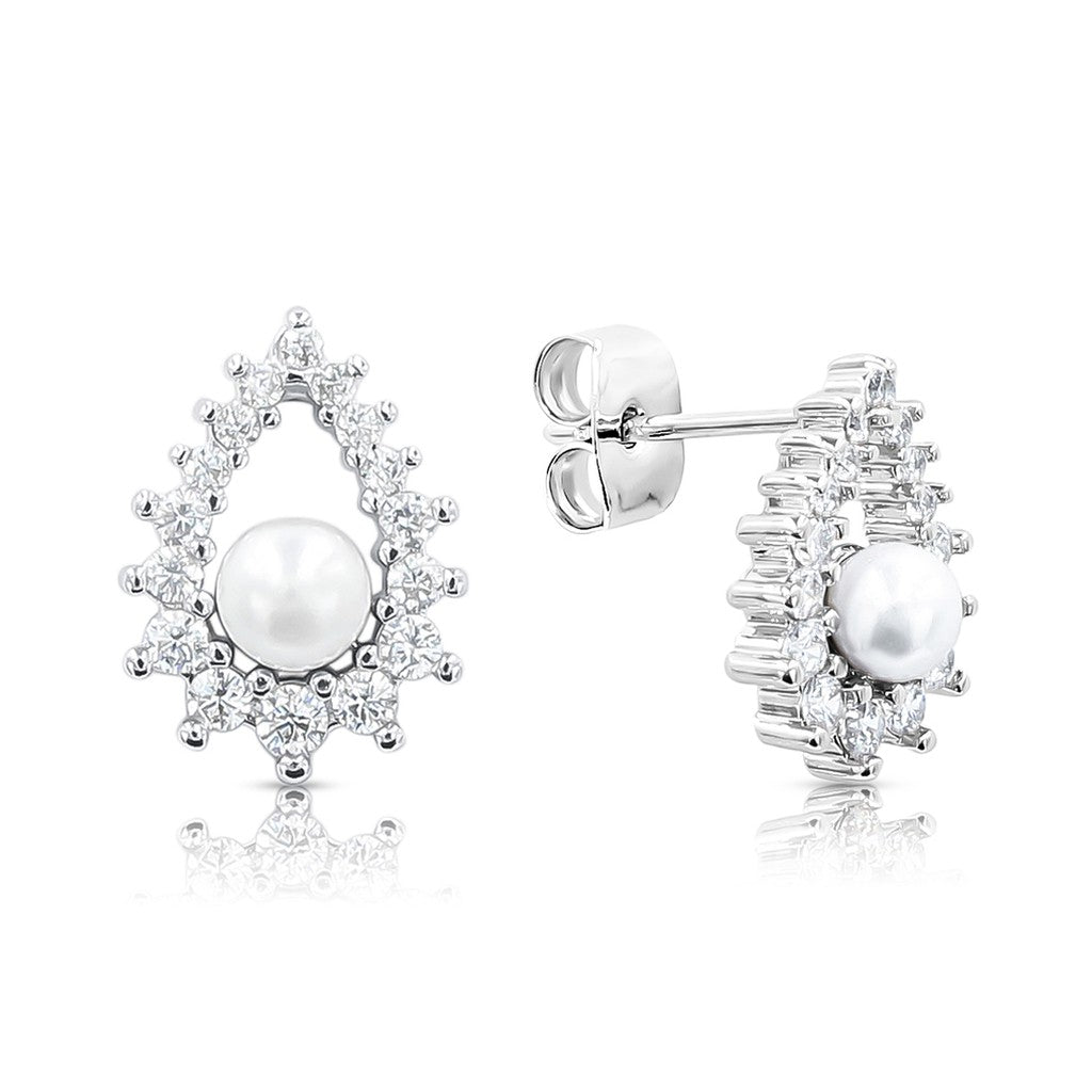 SO SEOUL Everleigh Pearl Halo Pendant with Diamond Simulant Cubic Zirconia Stud Earrings