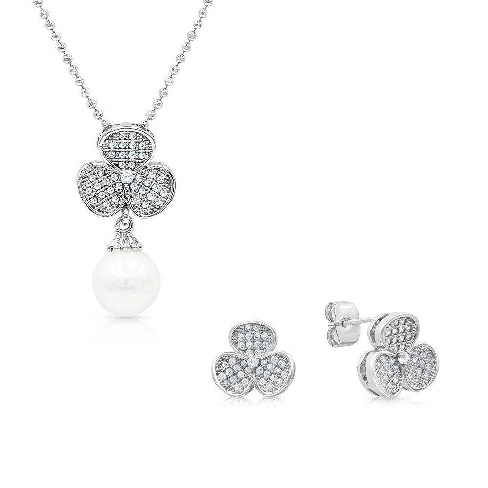 SO SEOUL Alette Clover Elegance Set - Pave Cubic Zirconia Necklace with Pearl Drop & Matching Stud Earrings