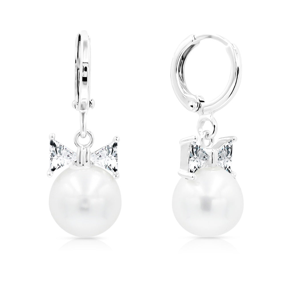 SO SEOUL Elegant Pearl and Diamond Simulant Ribbon Hoop or Clip-On Earrings