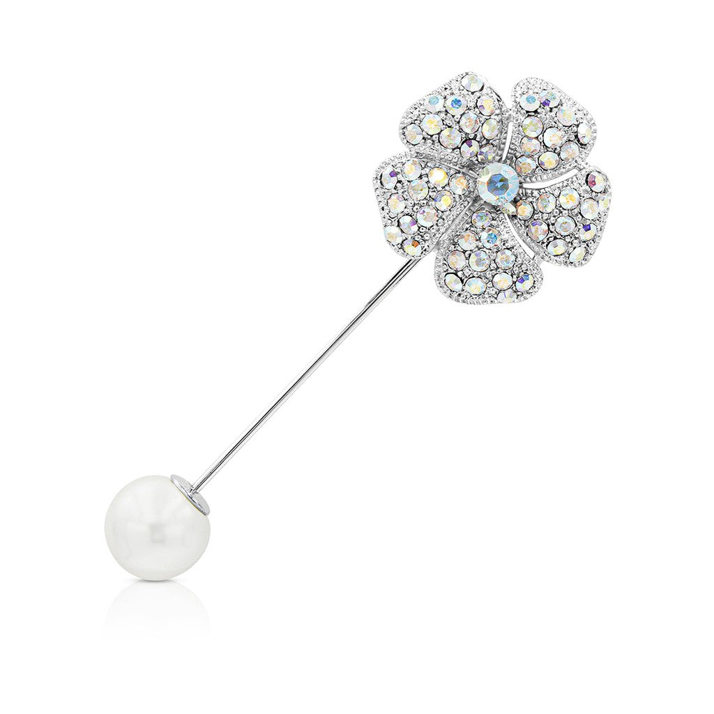 SO SEOUL Leilani Austrian Crystal Flower Lapel Pin with Pearl Detail