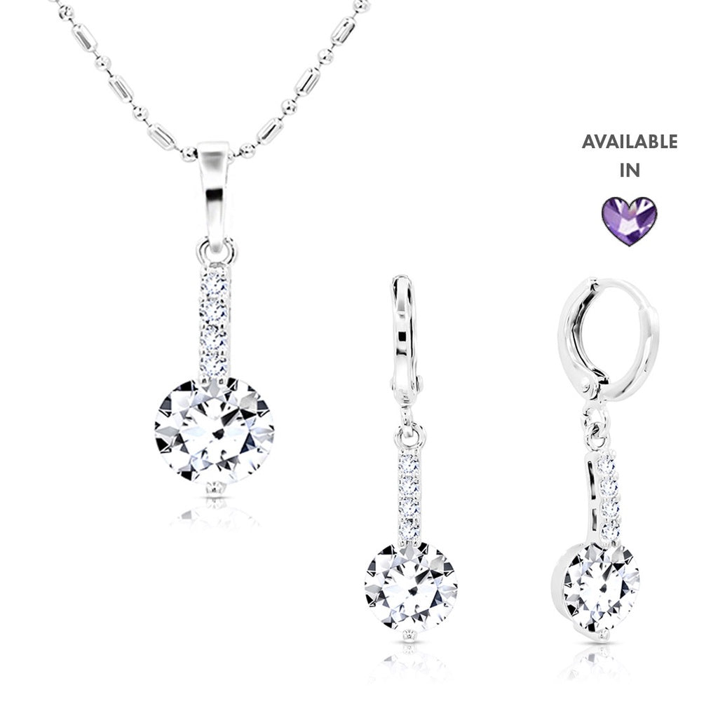 SO SEOUL Lic Crown Solitaire White or Purple Simulated Diamond Cubic Zirconia Necklace and Earrings Set