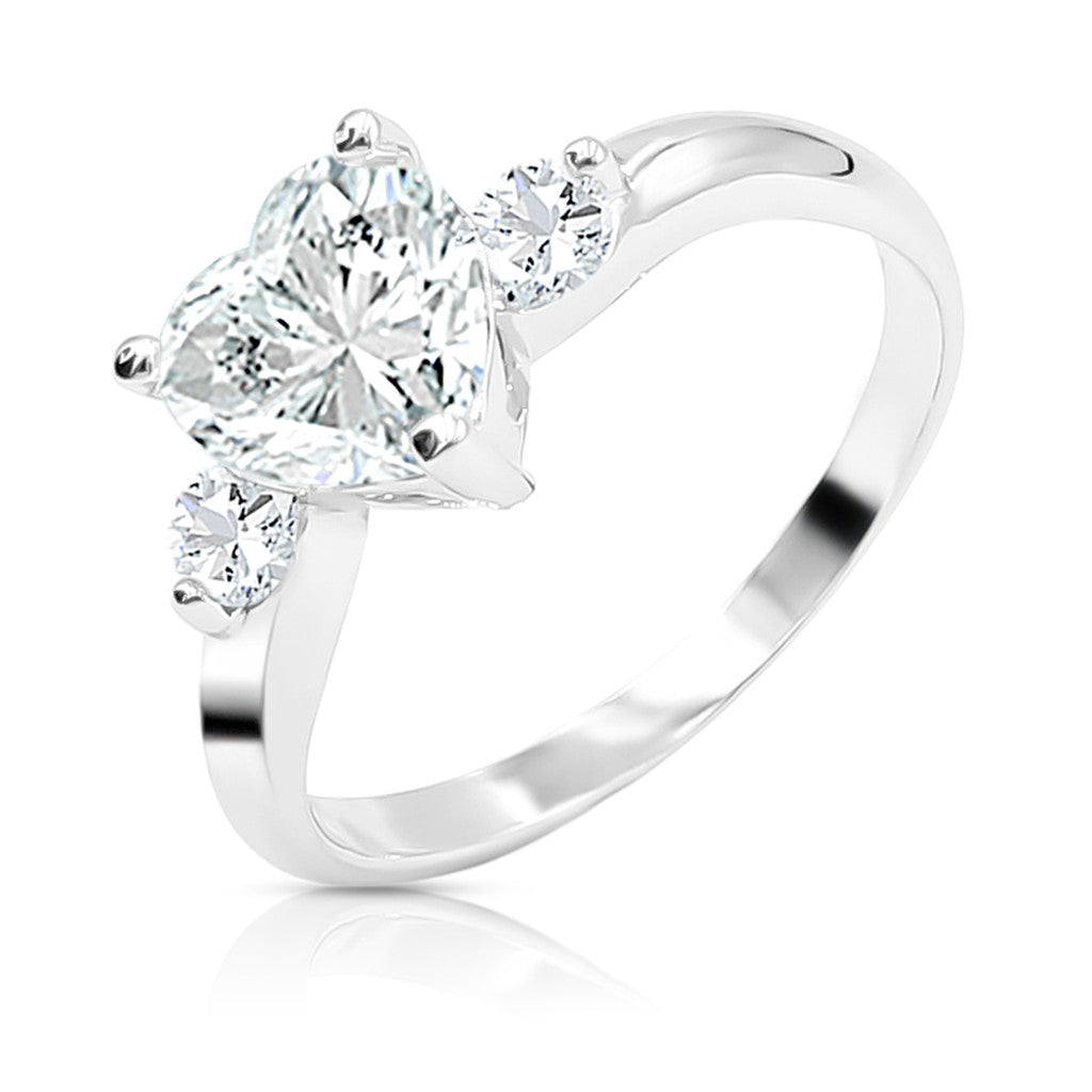 SO SEOUL Amora Heart Three-Stone 1 CARAT Diamond Simulant Cubic Zirconia Heart and Round Brilliant Silver Ring
