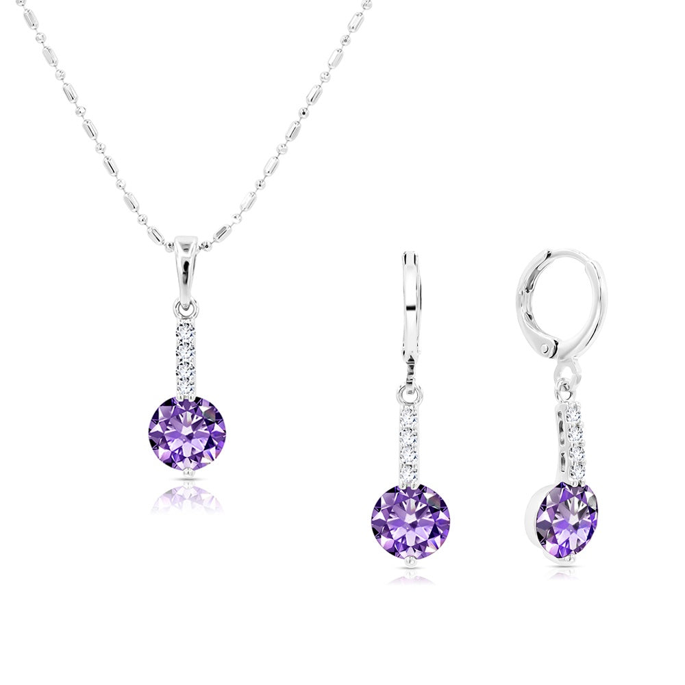 SO SEOUL Lic Crown Solitaire White or Purple Simulated Diamond Cubic Zirconia Necklace and Earrings Set