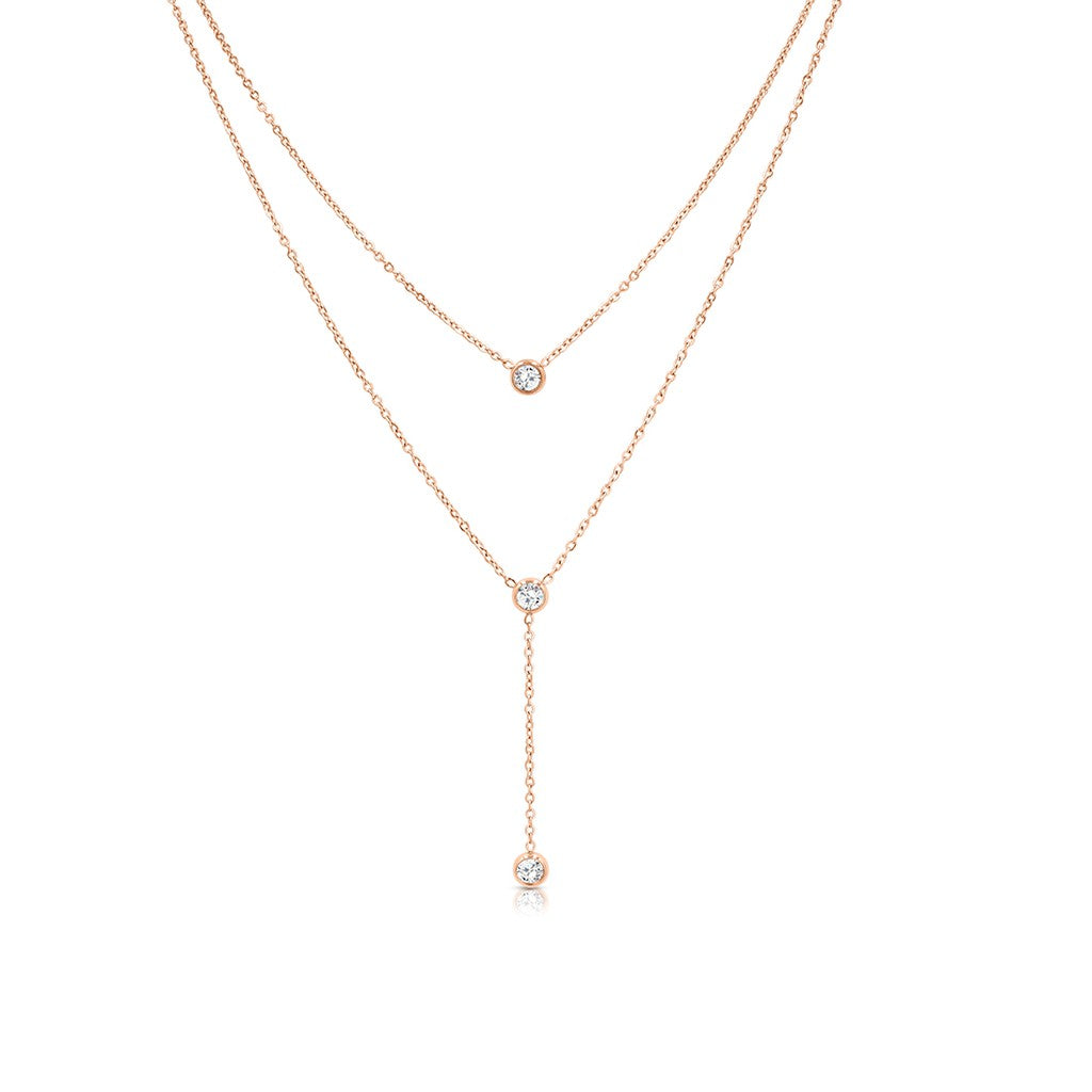 SO SEOUL Attract Y Double-Tier Rose Gold Necklace with White Austrian Crystal Accents