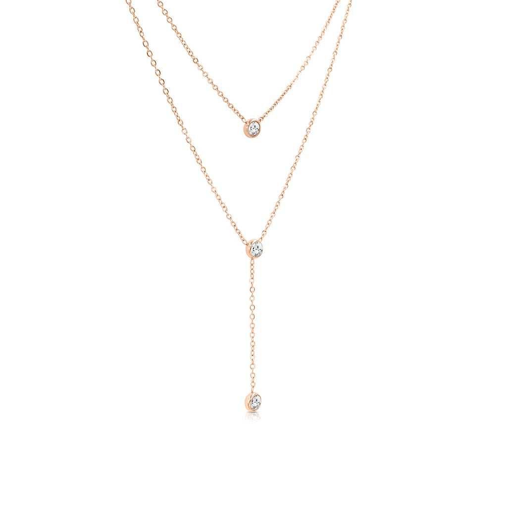 SO SEOUL Attract Y Double-Tier Rose Gold Necklace with White Austrian Crystal Accents