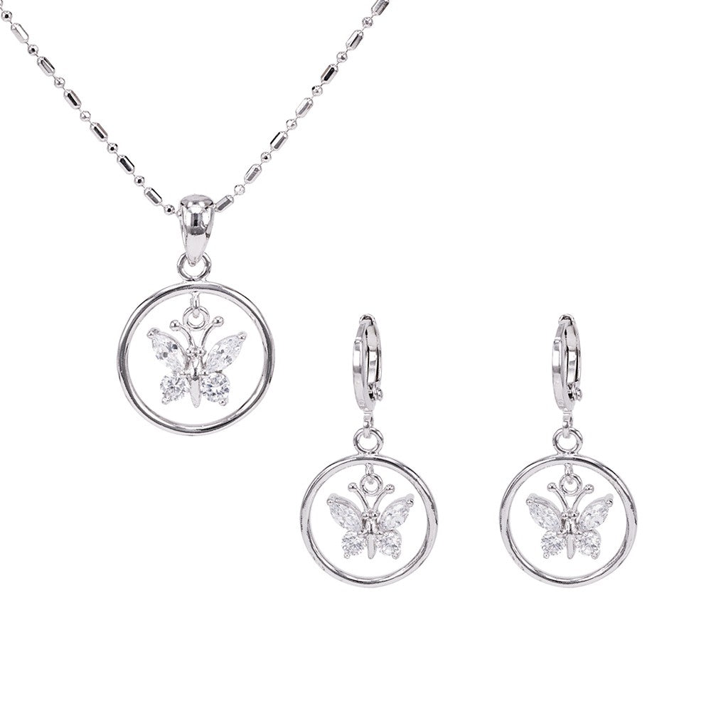 SO SEOUL Caria Butterfly Circle Diamond Simulant Cubic Zirconia Pendant Hoop Earrings and Pendant Necklace Set