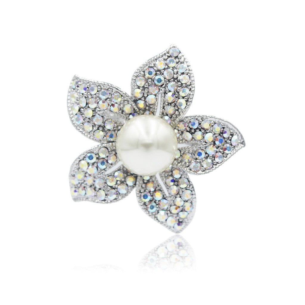 SO SEOUL Leilani Puffed Flower Brooch with White Pearl and Aurore Boreale Crystals