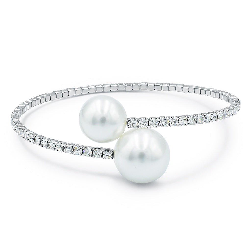 SO SEOUL Quinn Elegance - White or Pink Pearl and Austrian Crystal Spiral Bangle, Adjustable Open-End Cuff