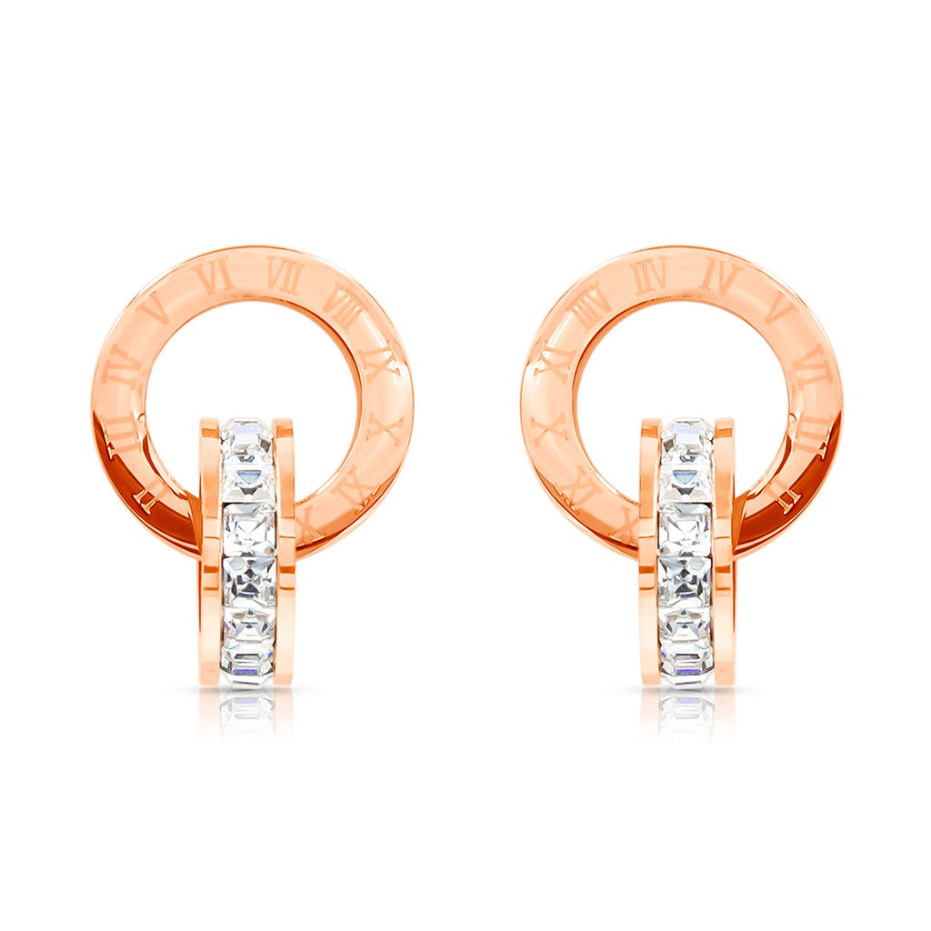 SO SEOUL Valeria Rose Gold Roman Numerals and White Austrian Crystal Accents Stud Earrings