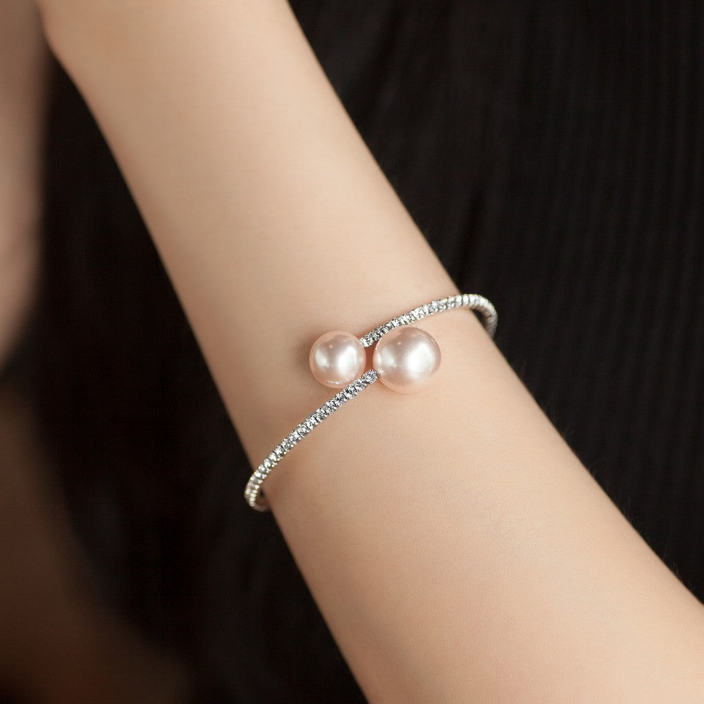 SO SEOUL Quinn Elegance - White or Pink Pearl and Austrian Crystal Spiral Bangle, Adjustable Open-End Cuff