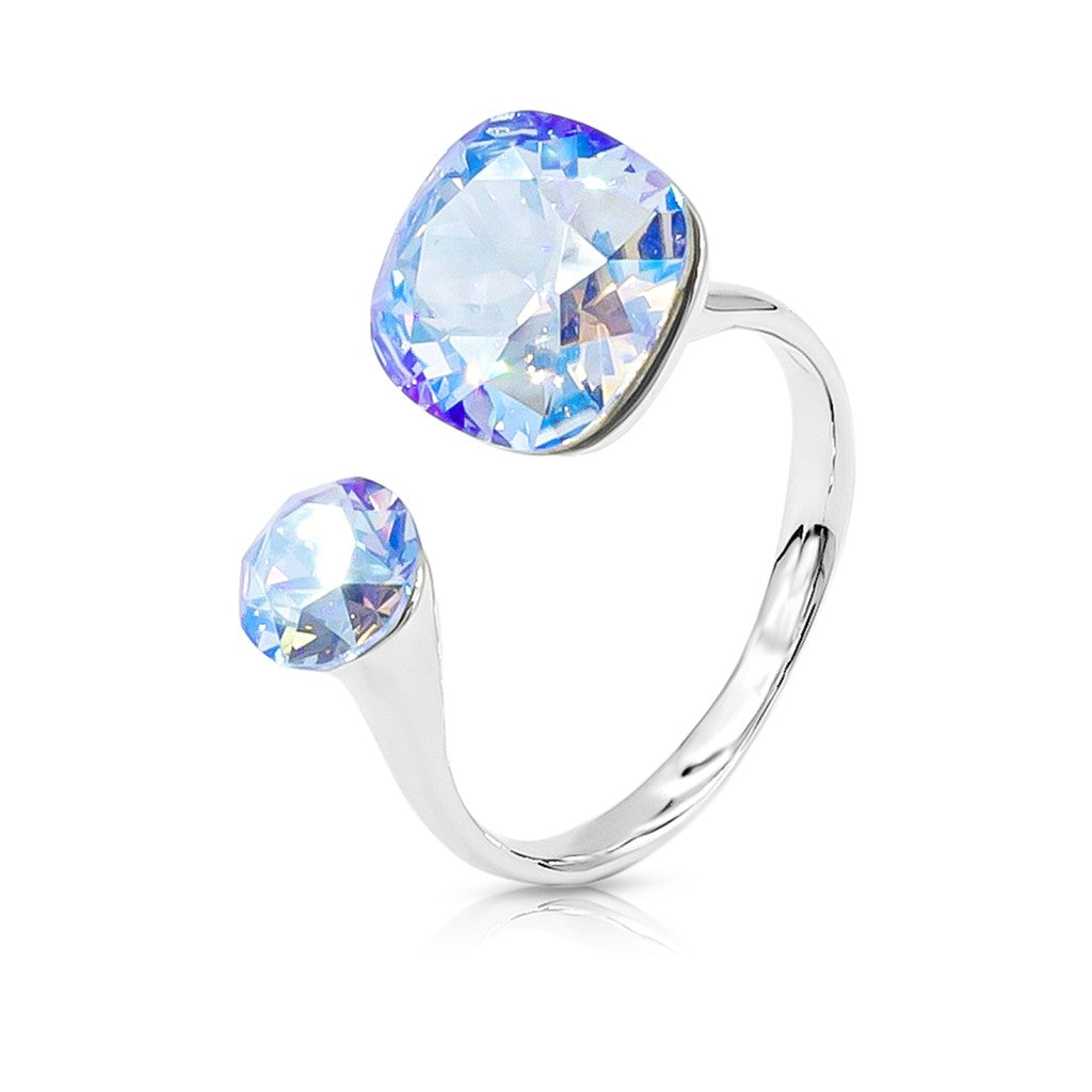 SO SEOUL Carina Adjustable Ring with Cushion-Cut Moonlight or Light Sapphire Swarovski® Crystal Accent