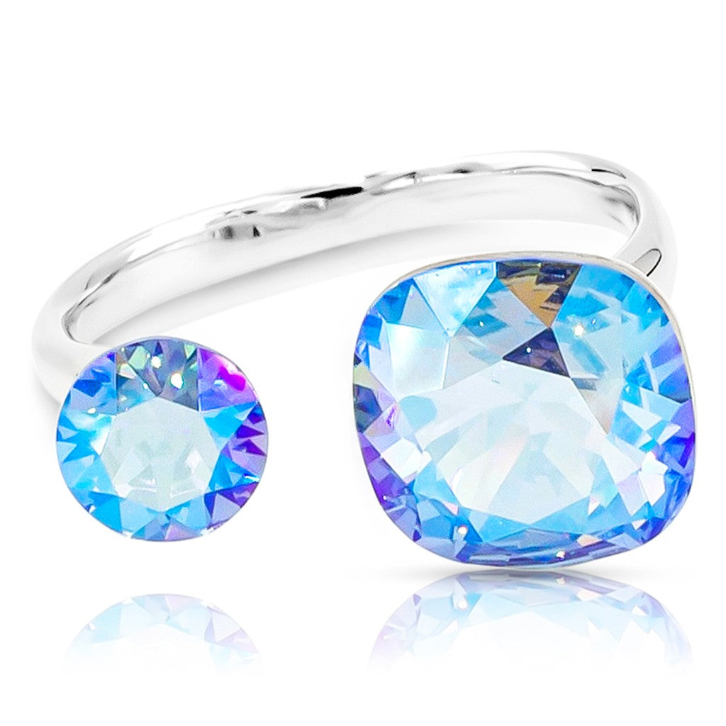 SO SEOUL Carina Adjustable Ring with Cushion-Cut Moonlight or Light Sapphire Swarovski® Crystal Accent