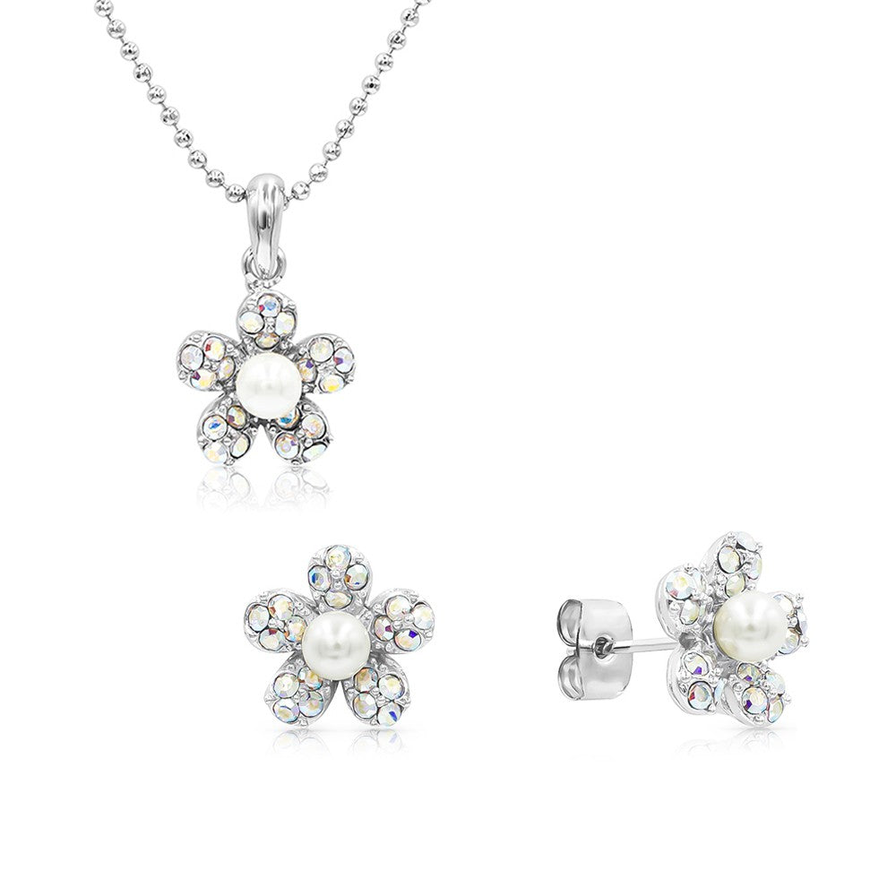 SO SEOUL Leilani Aurore Boreale Crystal and Pearl Flower Jewelry Set
