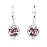 Load image into Gallery viewer, SO SEOUL Camellia-Inspired Rose, White or Ruby-Red Floral Diamond Simulant Zirconia Hoop or Clip-On Earrings
