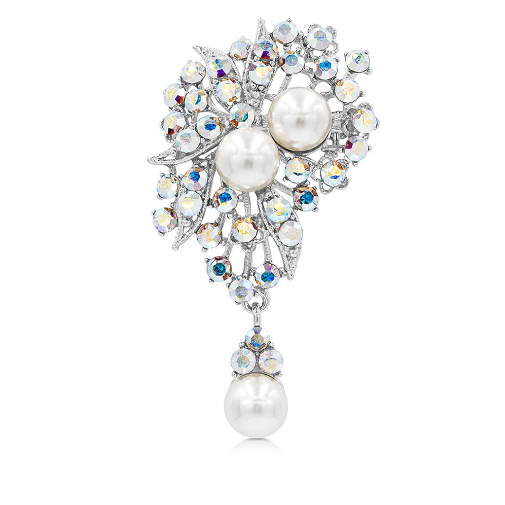 SO SEOUL Quinn Elegance - White Pearl Brooch with Aurore Boreale Austrian Crystal Accents and Dangles