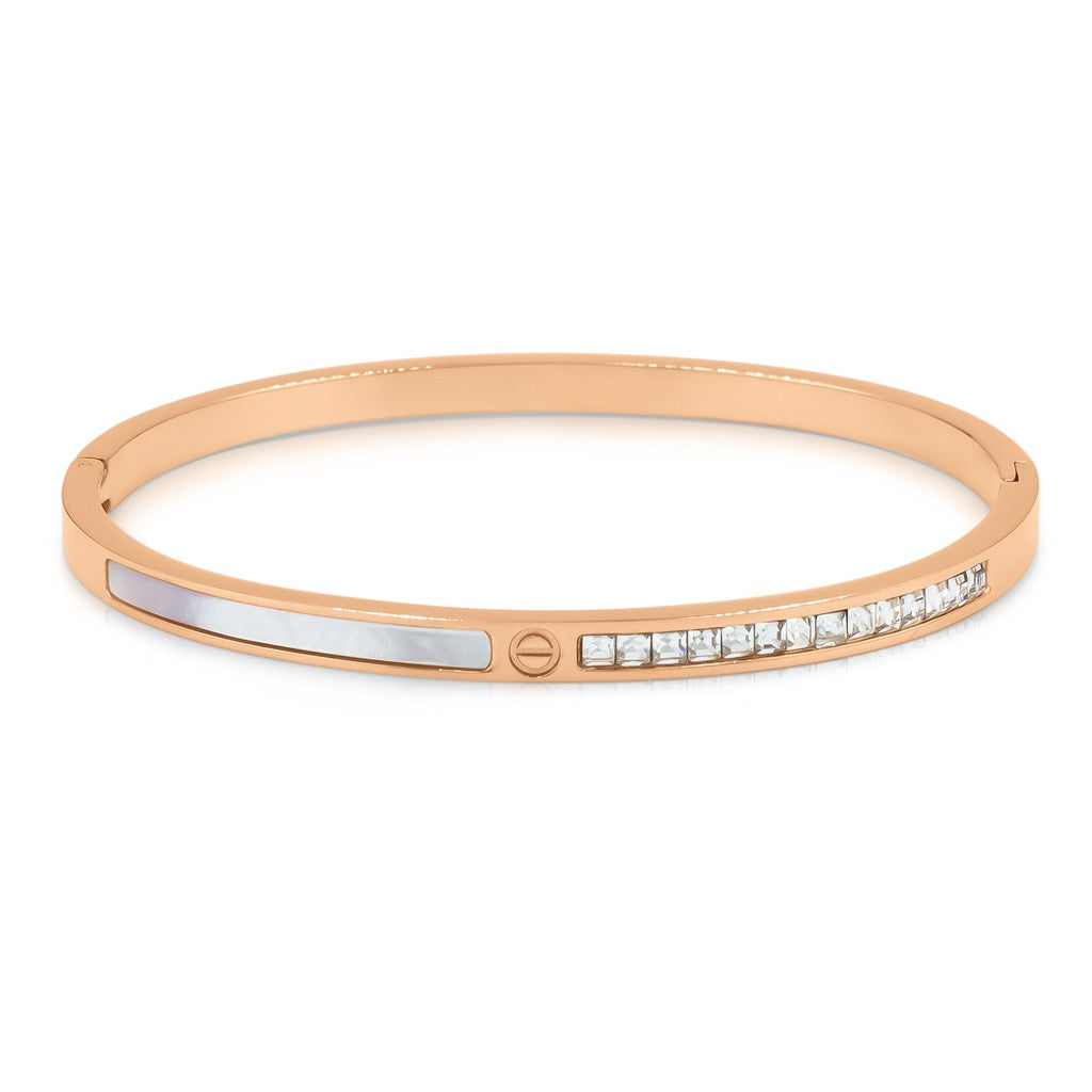 SO SEOUL Claire Rose Gold Bangle with Mother of Pearl and White Austrian Crystal Accents