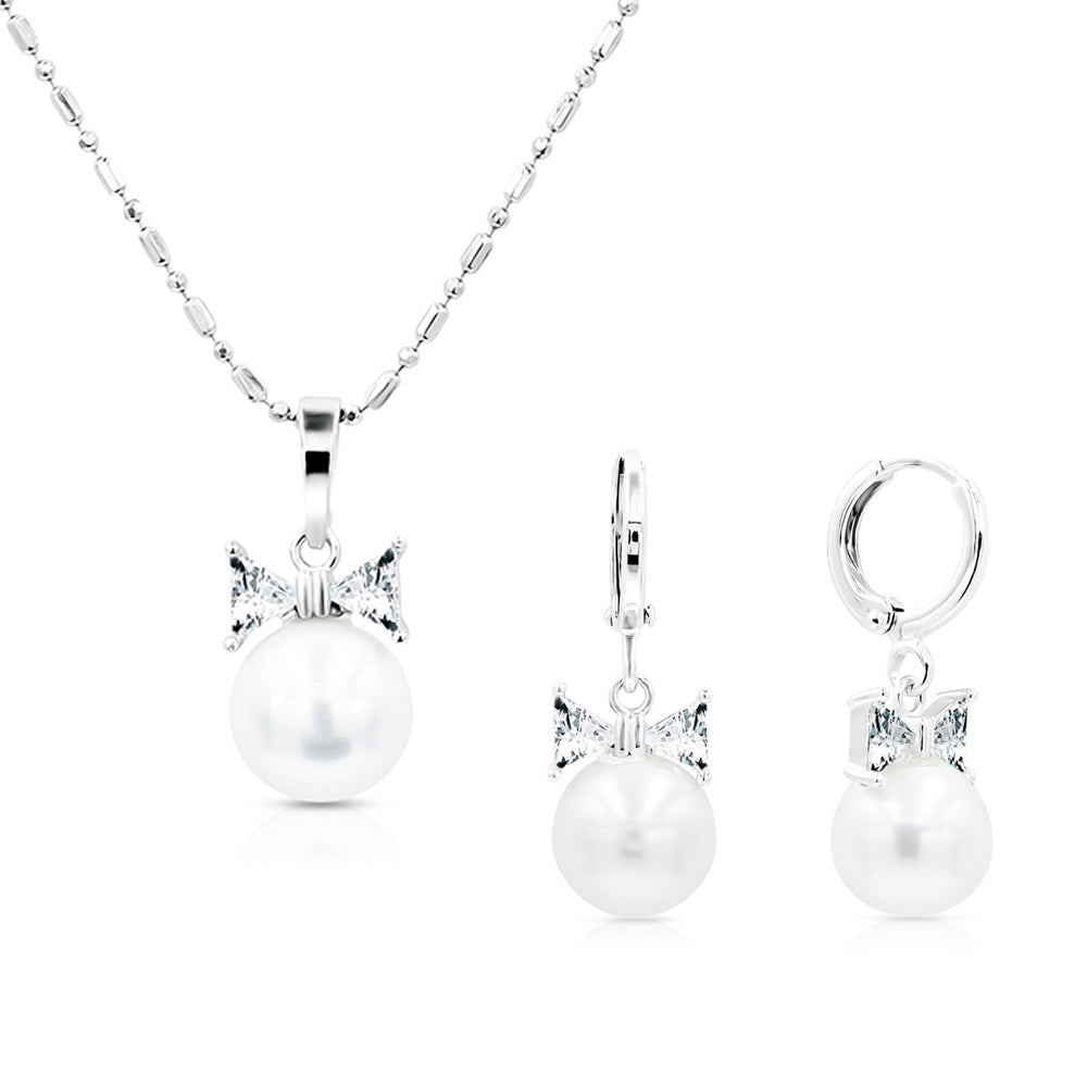 SO SEOUL Elegant Pearl and Diamond Simulant Ribbon Hoop Earrings and Pendant Necklace Set