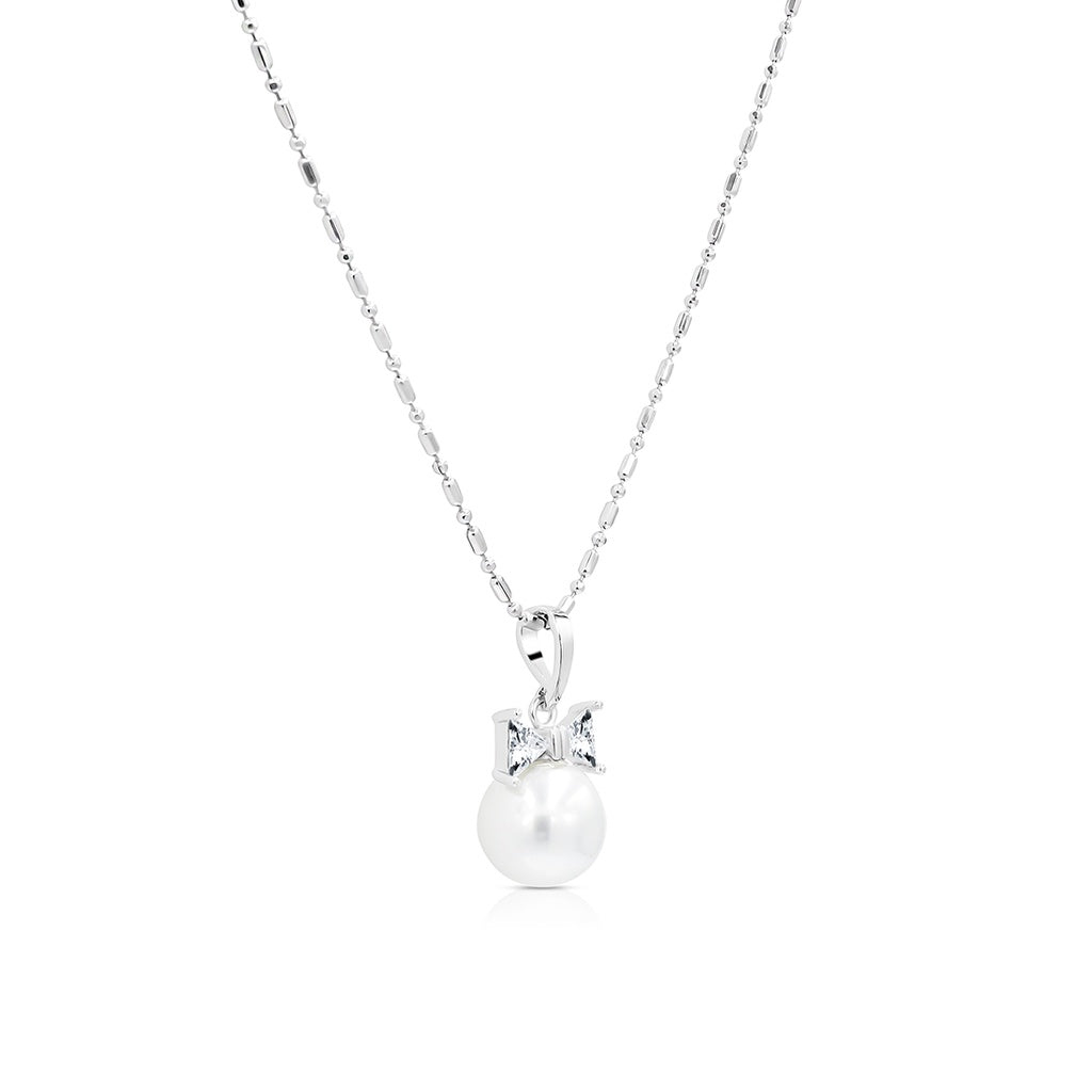 SO SEOUL Elegant Pearl and Diamond Simulant Ribbon Hoop Earrings and Pendant Necklace Set