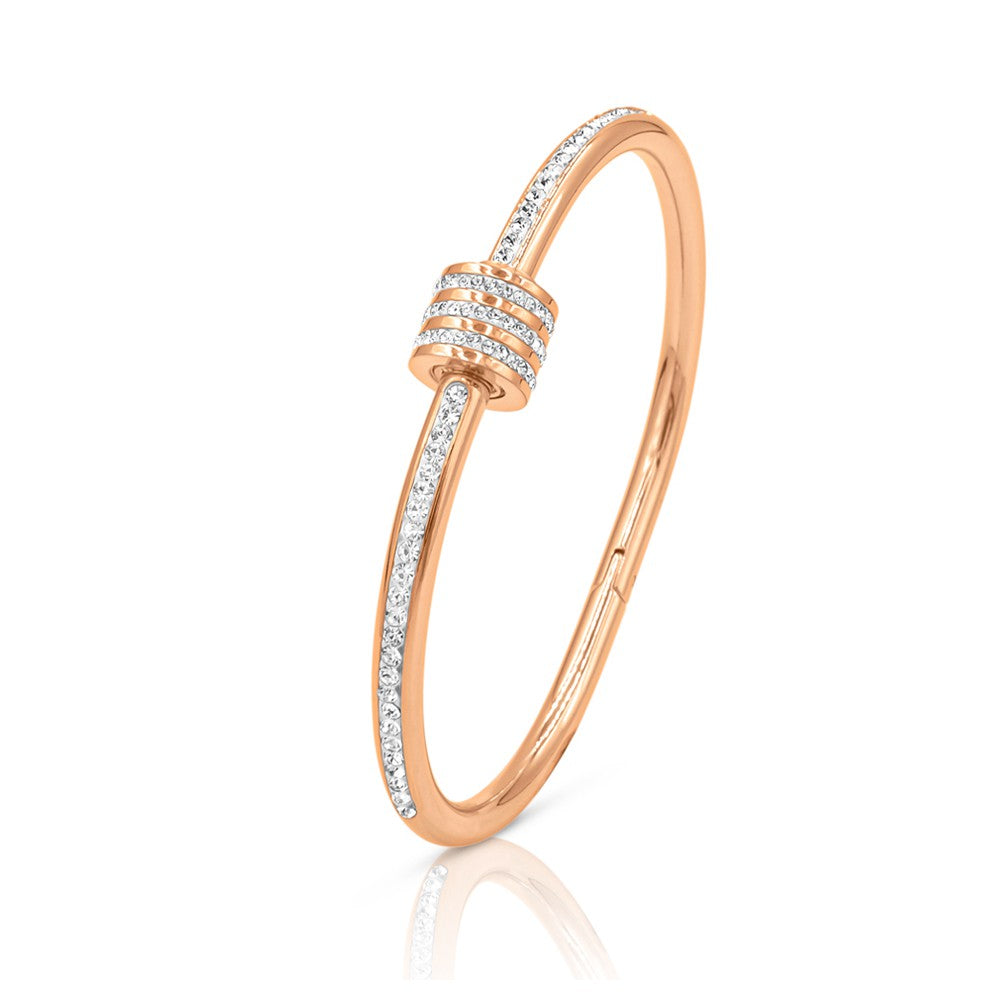 SO SEOUL Aurelia Rolling Barrel Bangle with White Austrian Crystals and Middle Screw Clasp in Silver or Rose Gold