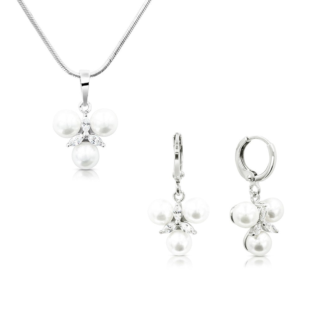 SO SEOUL Everleigh Trilliant Pearl with Marquise Cut Diamond Simulant Cubic Zirconia Pendant Necklace and Hoop Earrings Set