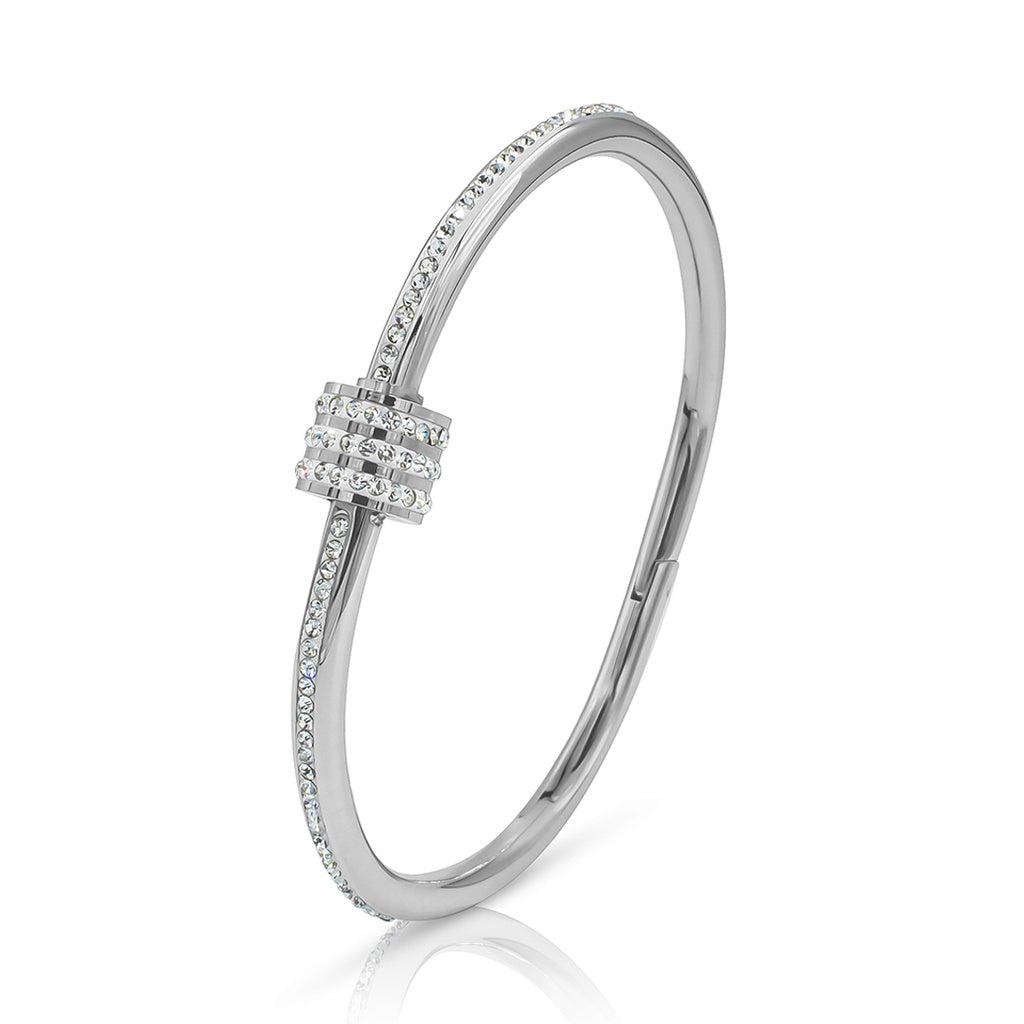 SO SEOUL Aurelia Rolling Barrel Bangle with White Austrian Crystals and Middle Screw Clasp in Silver or Rose Gold