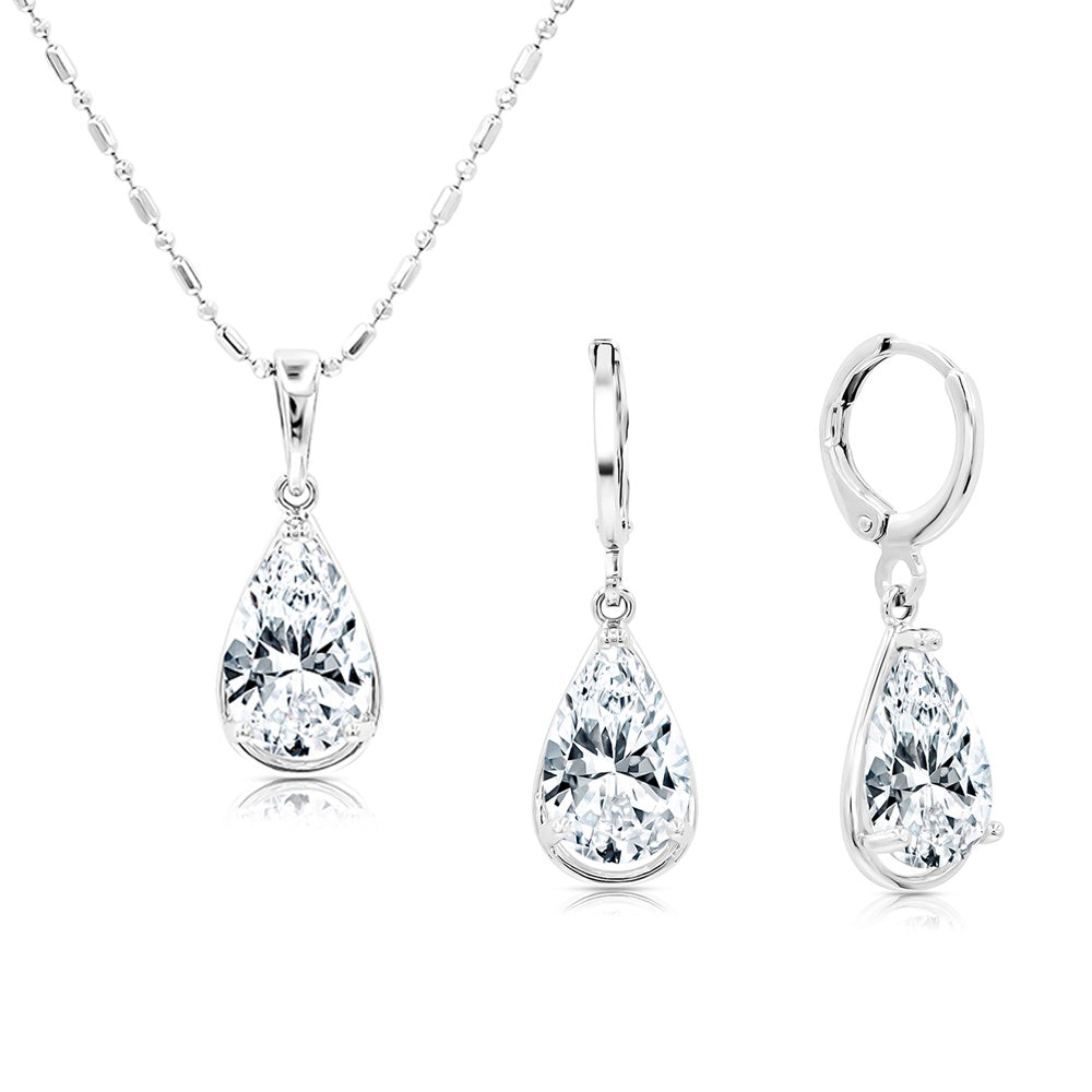 SO SEOUL Luxury Crown 3-Prong Solitaire Pear Cut Diamond Simulant Hoop Earrings and Pendant Necklace Set