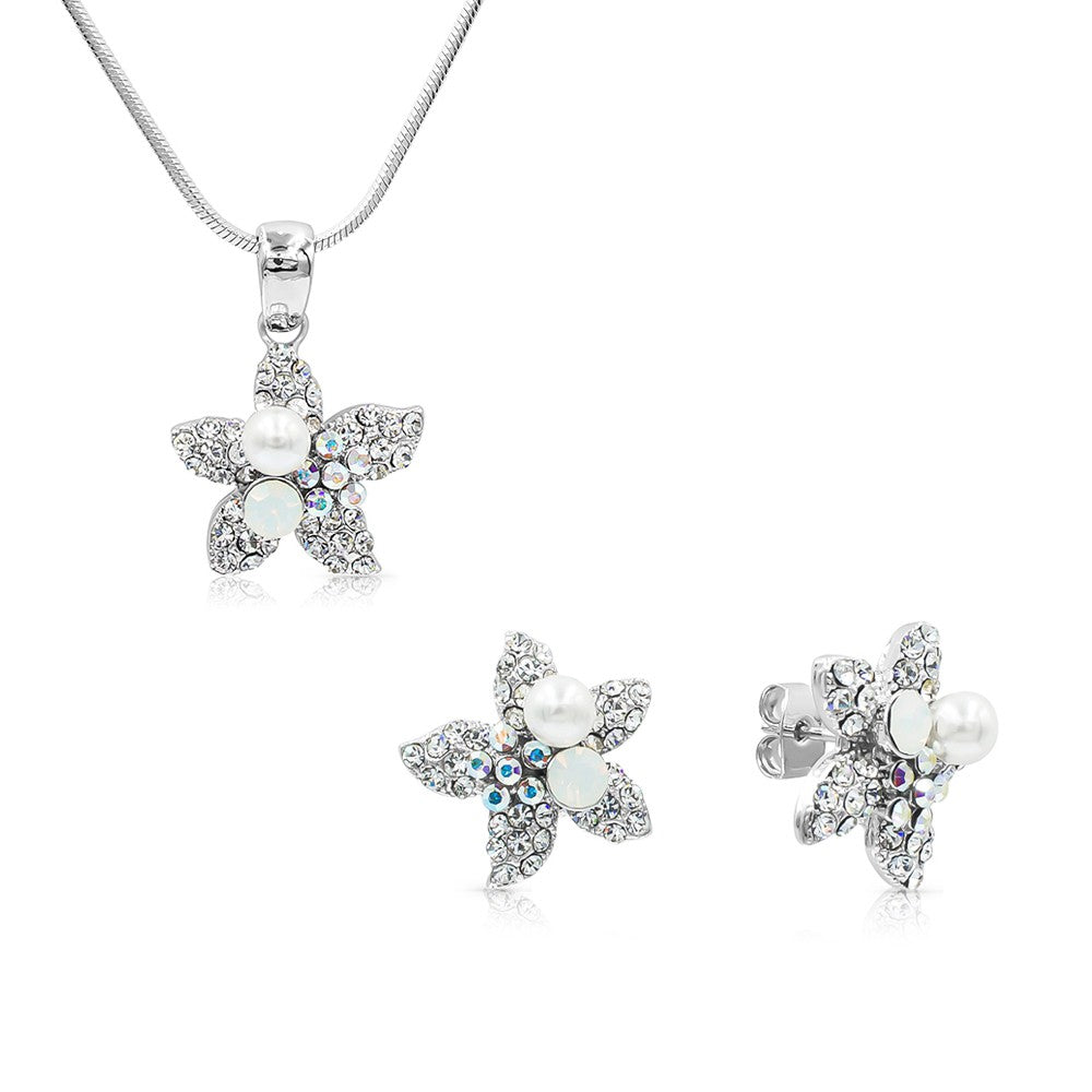 Starfish Pearl Aurore Boreale Austrian Crystal Pendant Necklace and Stud Earrings Set