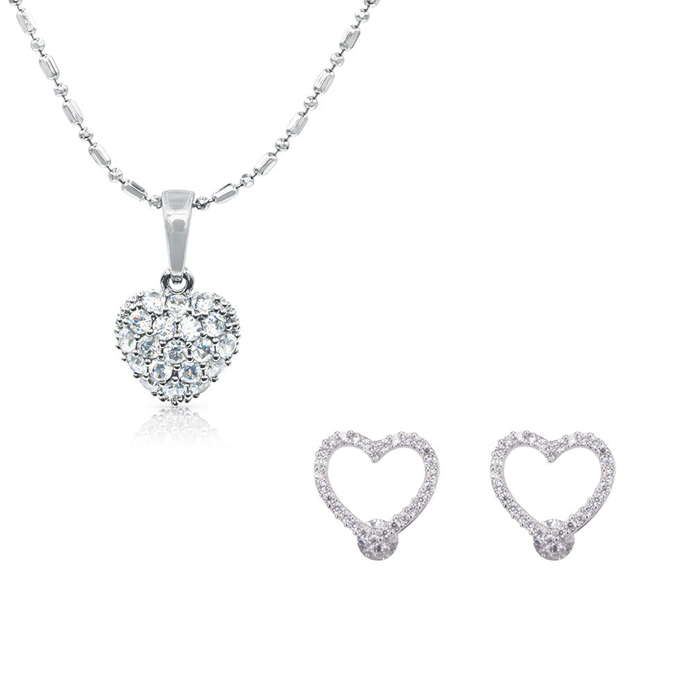 SO SEOUL Amora Pave Heart Set - Diamond Simulant Cubic Zirconia Pendant Necklace and Stud Earrings