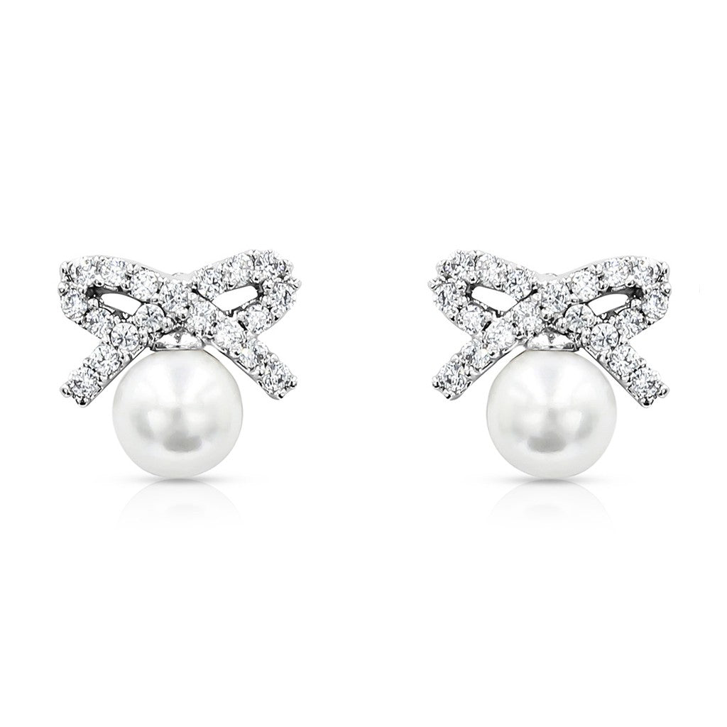 SO SEOUL Elegant Ribbon Bow Chic Pearl and Diamond Simulant Cubic Zirconia Stud Earrings