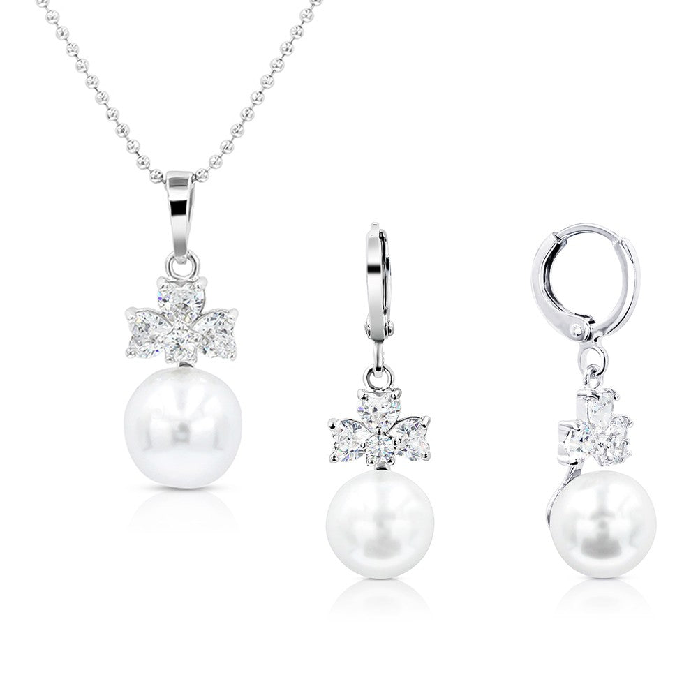 SO SEOUL Alette Clover Set - Cubic Zirconia Diamond Simulant with Pearl Necklace and Hinge Hoop Earrings