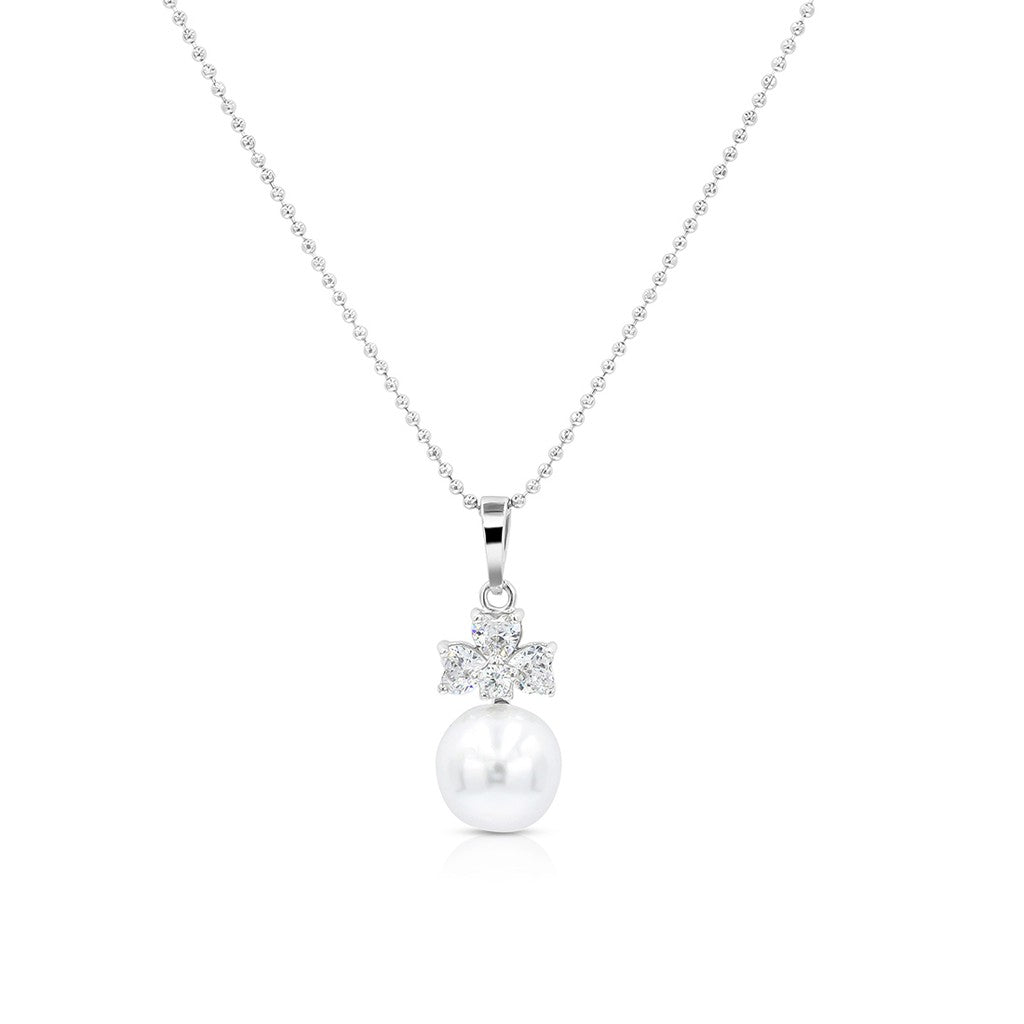 SO SEOUL Alette Clover Set - Cubic Zirconia Diamond Simulant with Pearl Necklace and Hinge Hoop Earrings