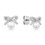 Load image into Gallery viewer, SO SEOUL Elegant Ribbon Bow Chic Pearl and Diamond Simulant Cubic Zirconia Stud Earrings
