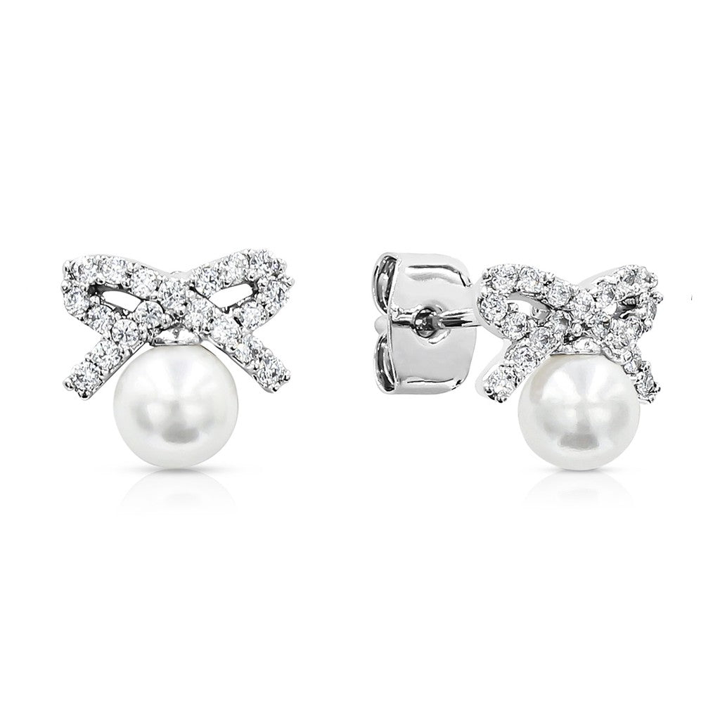 SO SEOUL Elegant Ribbon Bow Chic Pearl and Diamond Simulant Cubic Zirconia Stud Earrings