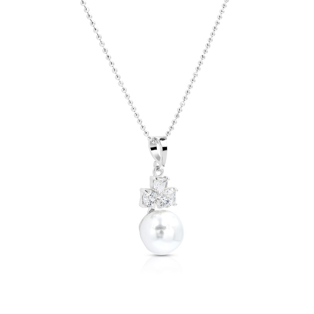 SO SEOUL Alette Clover Set - Cubic Zirconia Diamond Simulant with Pearl Necklace and Hinge Hoop Earrings