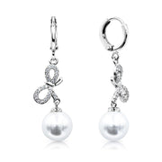 SO SEOUL Graceful Ribbon Bow with Pearl Dangle Solitaire Diamond Simulant Cubic Zirconia Left/Right Hoop Earrings
