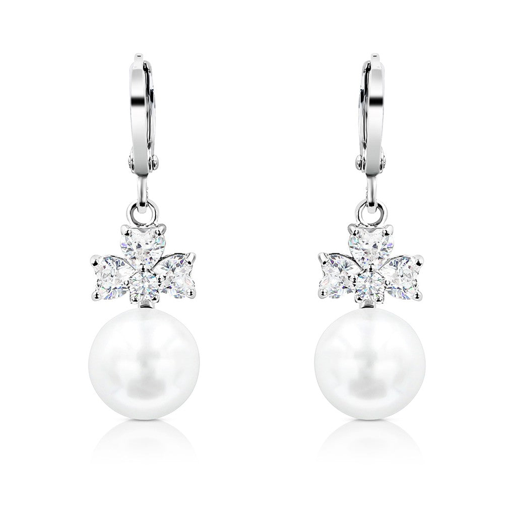 SO SEOUL Alette Clover Set - Cubic Zirconia Diamond Simulant with Pearl Necklace and Hinge Hoop Earrings