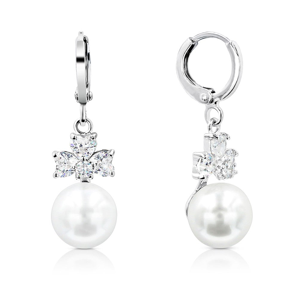 SO SEOUL Alette Clover Set - Cubic Zirconia Diamond Simulant with Pearl Necklace and Hinge Hoop Earrings