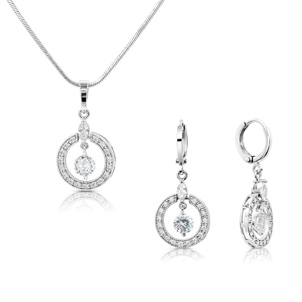 SO SEOUL Halo Open Circle Simulated Diamond Cubic Zirconia Pendant and Hoop Earrings Jewelry Set